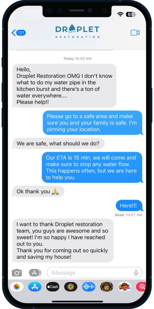 Customers texting Droplet Restoration for Emergency Call to stop water damage in Vancouver, WA.